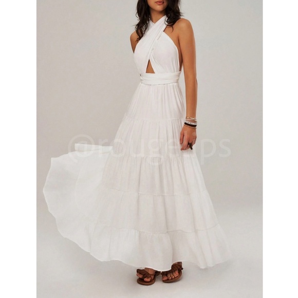 White Bohemian Long Flared Tie Dress - Picture 3 of 10